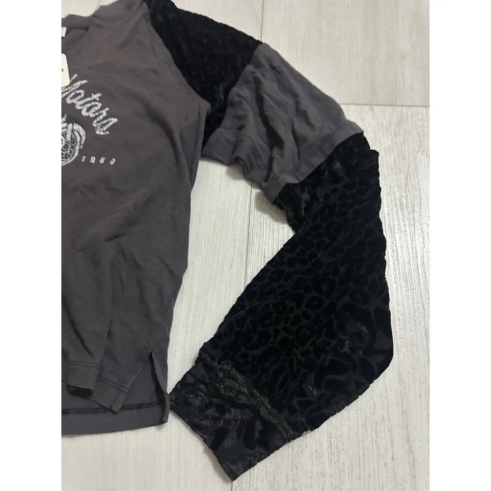 NWT Free People Top Velvet Leopard Sz‎ S Thunder Motors Motorcycle Gray $98